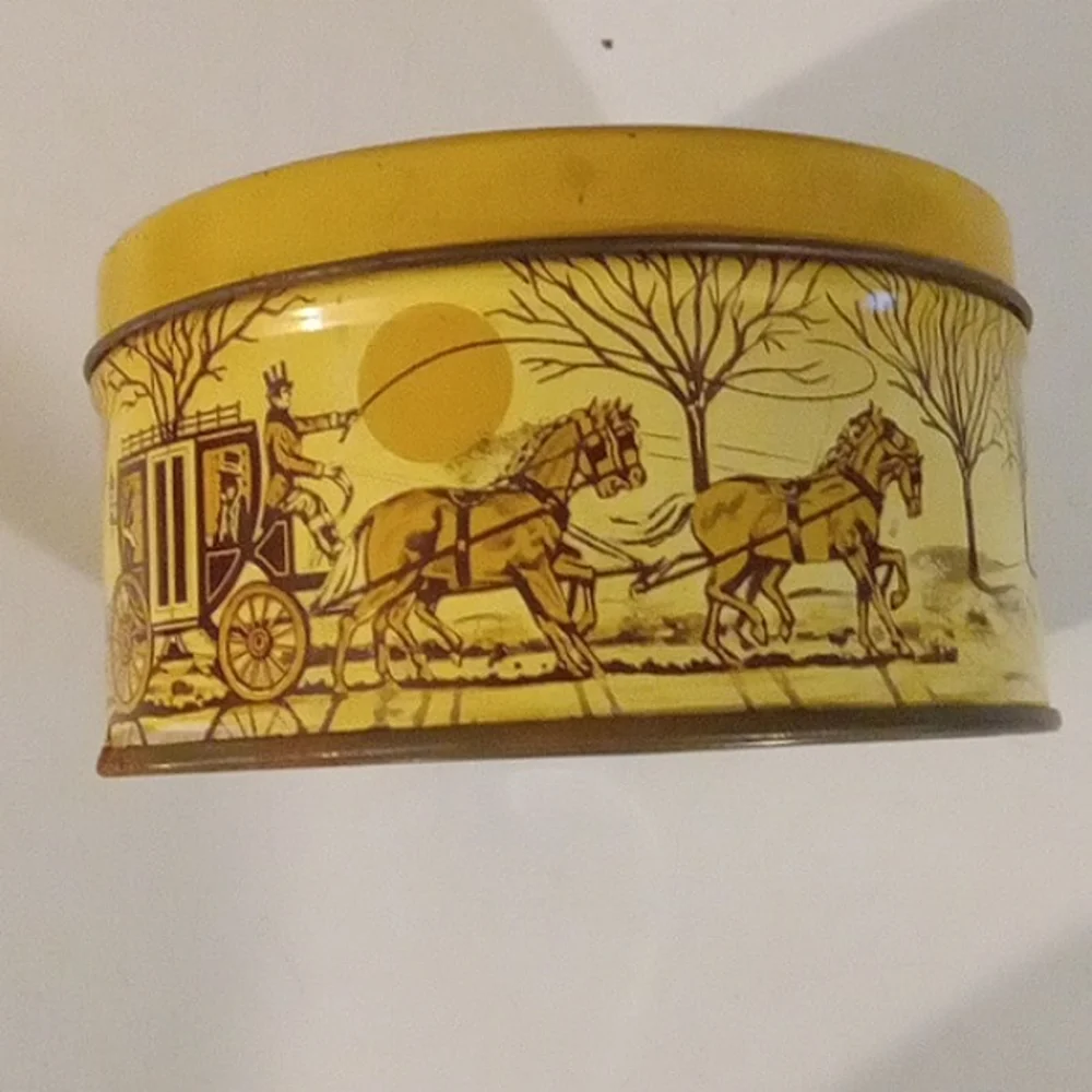 Vintage Yellow Tin with Horse and Carriage Design